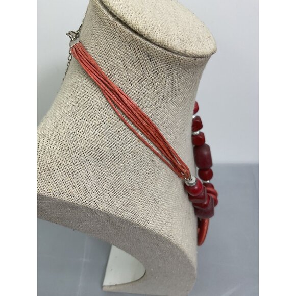 Chunky Red Wooden Bead Necklace With Adjustable Cord & Silver Accents - Picture 3 of 4